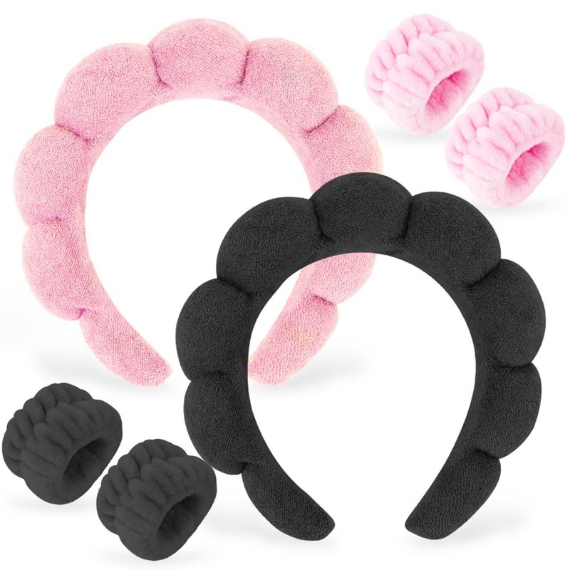AHONEY 2 Set Spa Headbands for Washing Face and Wristband Set Skin Care Headband Sponge Facial Skincare Headbands Terry Cloth Puffy Makeup Accessories for Women Girls BlackPink
