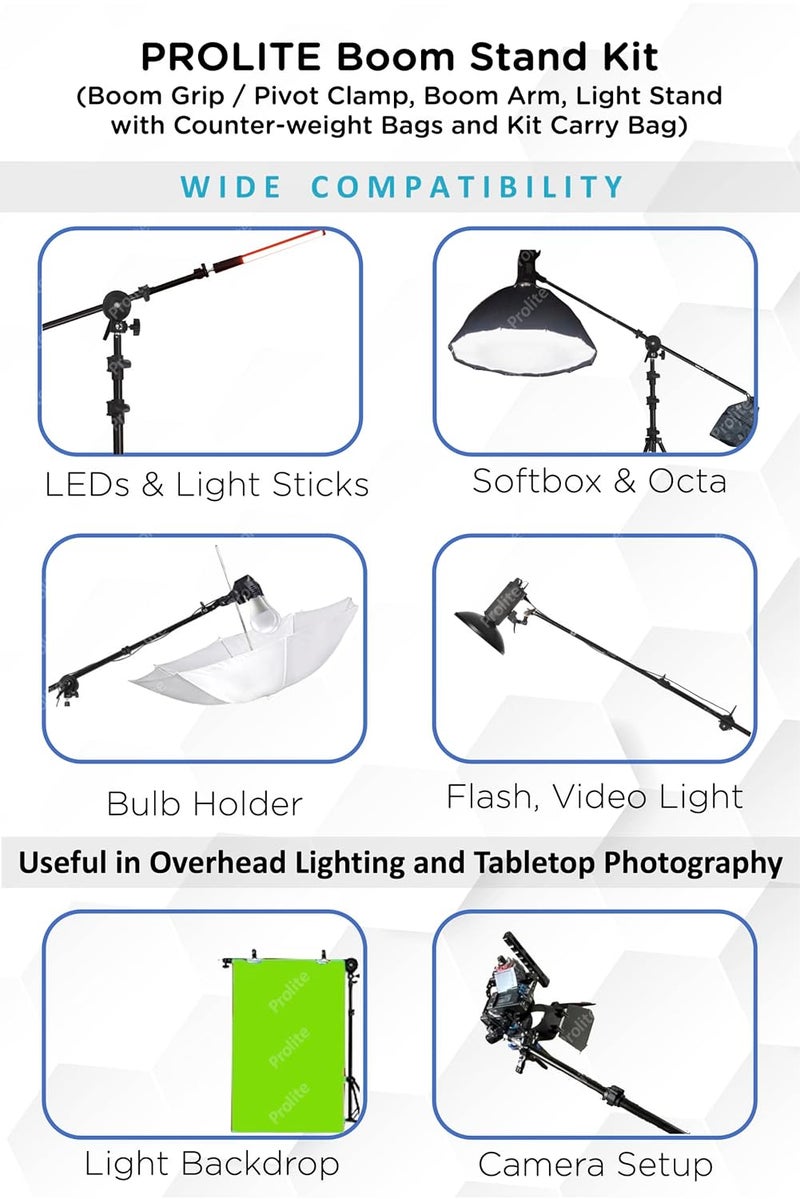 Pro-Lite Photography Lighting Boom Stand Kit | Boom Grip, Boom Arm, Light Stand 9ft, Empty Sandbags | Used with Softbox LED Flash Lighting for Overhead/Table Top Lighting - Image 3