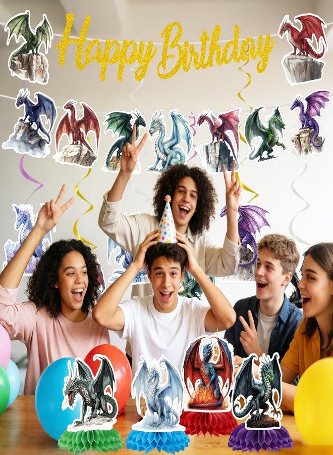 EoBeCy Dragon Birthday Party Decorations - 12 Pcs Dragon Party Supplies, Magical Fantasy Theme Banner, Hanging Swirls & Honeycomb for Kids Celebration Decor - Image 2