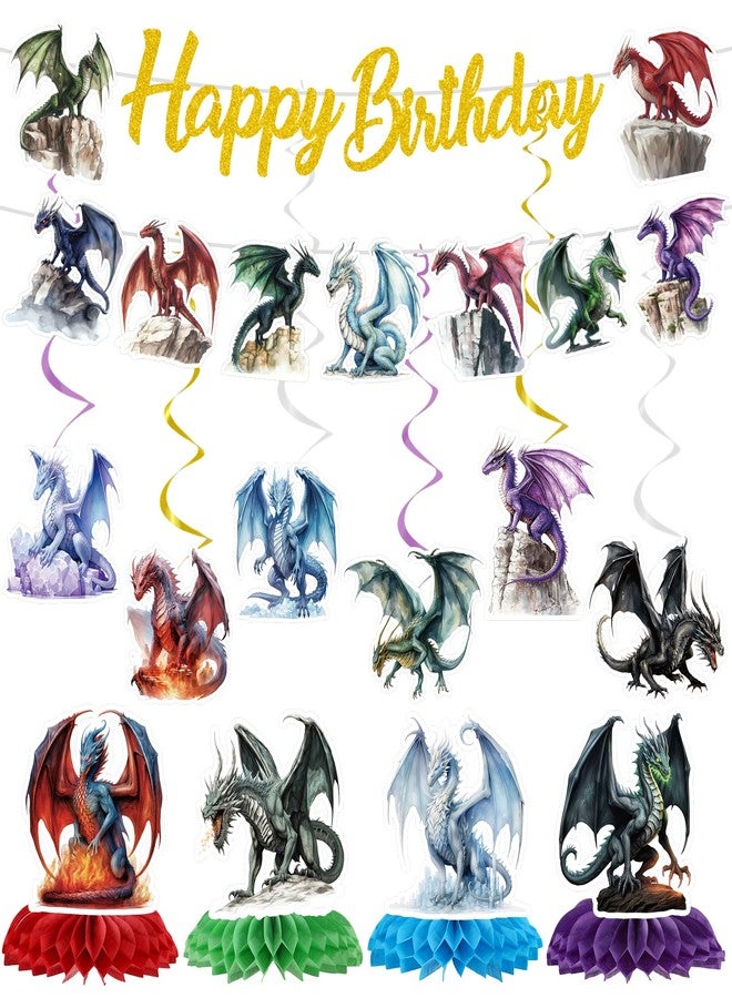 EoBeCy Dragon Birthday Party Decorations - 12 Pcs Dragon Party Supplies, Magical Fantasy Theme Banner, Hanging Swirls & Honeycomb for Kids Celebration Decor - Image 1