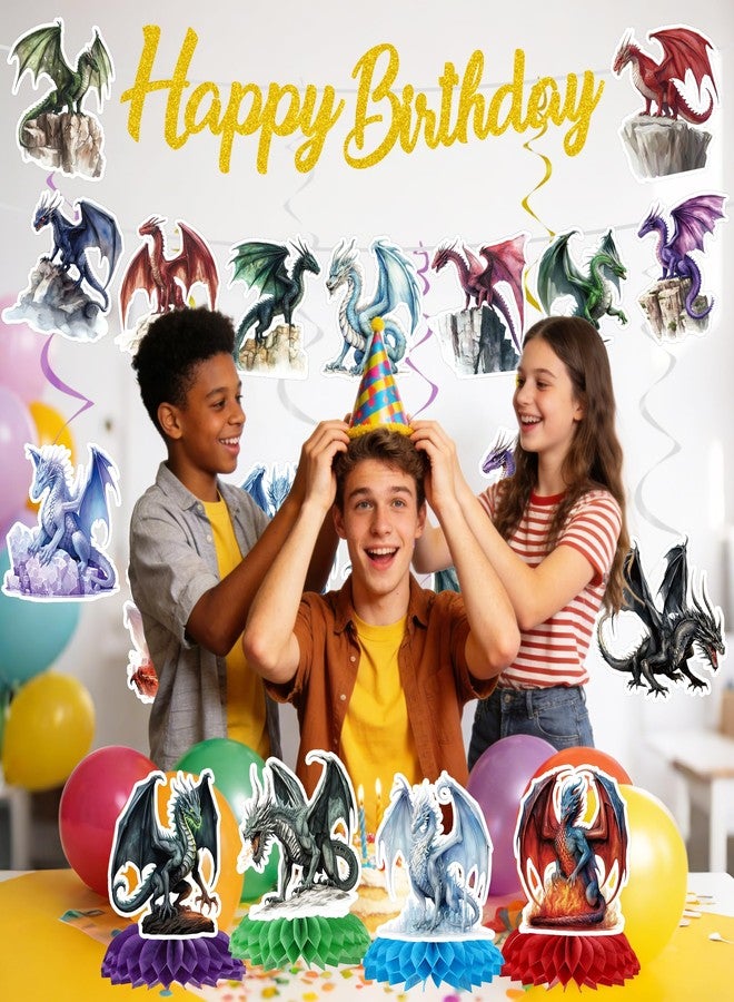 EoBeCy Dragon Birthday Party Decorations - 12 Pcs Dragon Party Supplies, Magical Fantasy Theme Banner, Hanging Swirls & Honeycomb for Kids Celebration Decor - Image 4