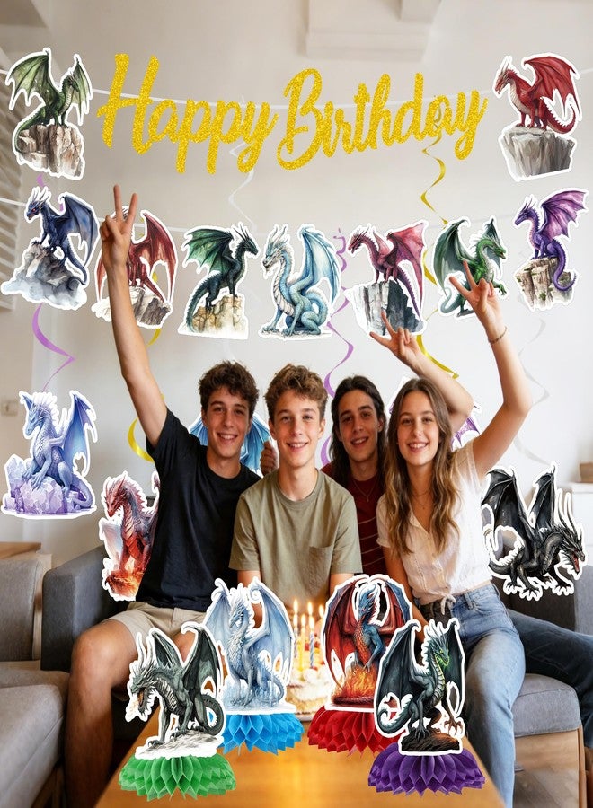 EoBeCy Dragon Birthday Party Decorations - 12 Pcs Dragon Party Supplies, Magical Fantasy Theme Banner, Hanging Swirls & Honeycomb for Kids Celebration Decor - Image 3