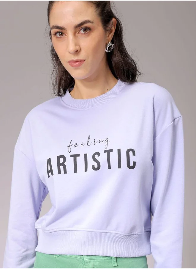 مرفوعة Women Relaxed Purple Printed Crew Neck Long Sleeve Sweatshirt