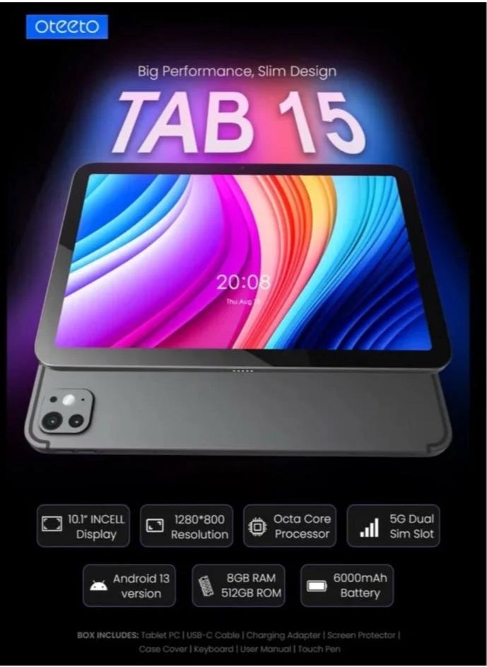 Oteeto - Oteeto Tab 15 with Keyboard and Pen 8GB RAM 512GB Memory 10.1 inch IPS LCD Screen 1280 x 800 Pixels Android 13 Operating System 8MP Front Camera 13MP Rear Camera 6000mAh Battery Supports 3G/4G/5G SIM Cards Color Silver - Image 1