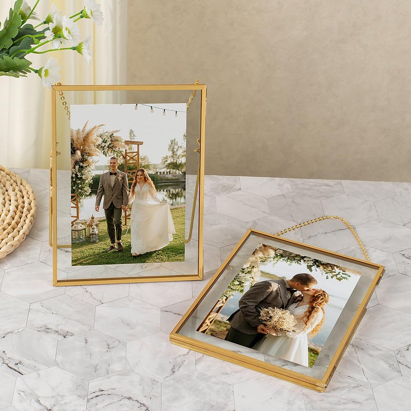 Jajamy Gold Floating 5x7 Picture Frame Set of 2  Hanging Glass Pressed Flower Picture Frames  Gold Floating Frame for Wall Mounting or Tabletop Display - Image 3