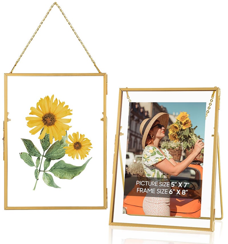 Jajamy Gold Floating 5x7 Picture Frame Set of 2  Hanging Glass Pressed Flower Picture Frames  Gold Floating Frame for Wall Mounting or Tabletop Display - Image 1