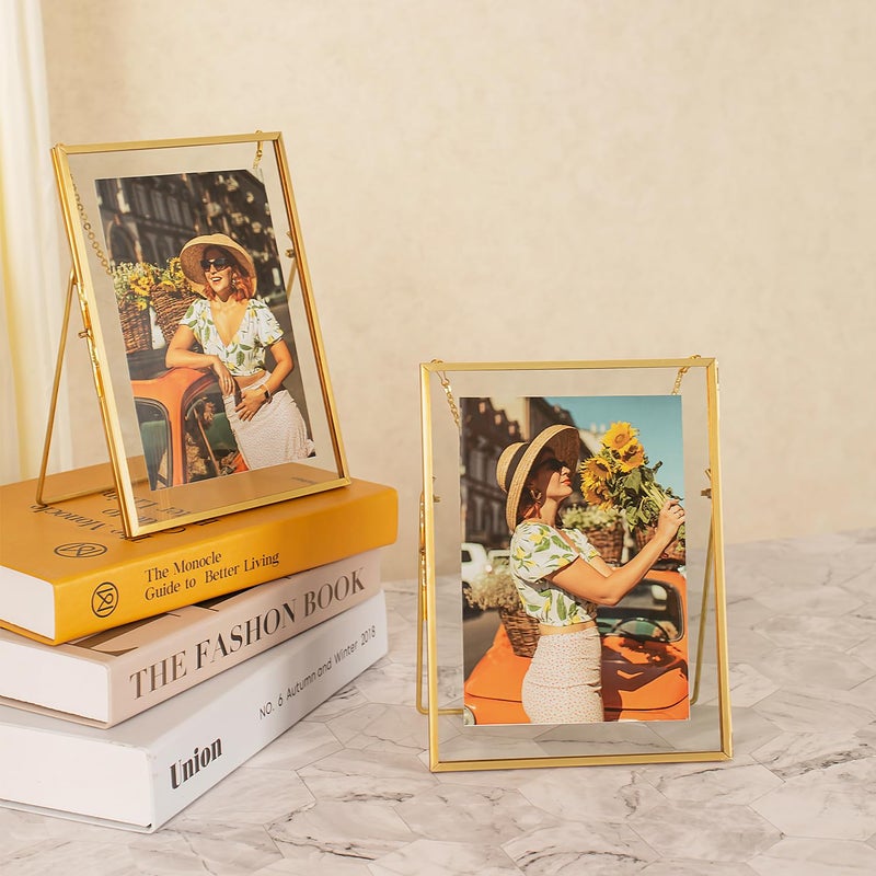 Jajamy Gold Floating 5x7 Picture Frame Set of 2  Hanging Glass Pressed Flower Picture Frames  Gold Floating Frame for Wall Mounting or Tabletop Display - Image 2