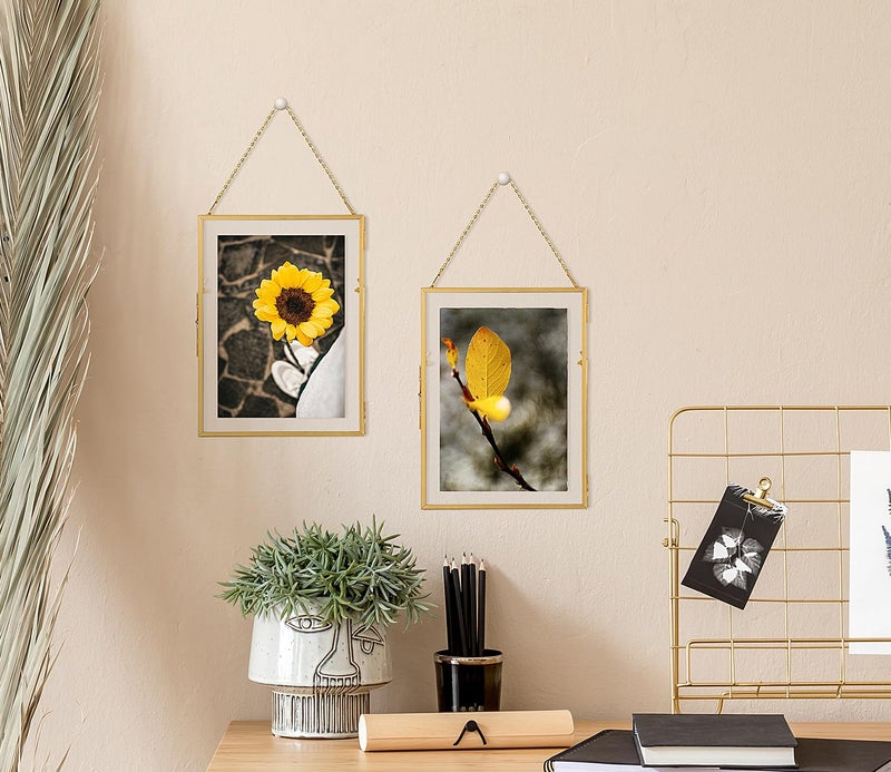 Jajamy Gold Floating 5x7 Picture Frame Set of 2  Hanging Glass Pressed Flower Picture Frames  Gold Floating Frame for Wall Mounting or Tabletop Display - Image 4