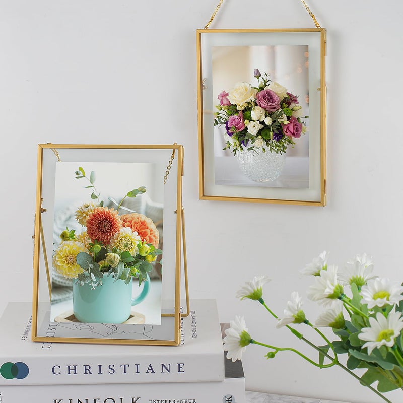 Jajamy Gold Floating 5x7 Picture Frame Set of 2  Hanging Glass Pressed Flower Picture Frames  Gold Floating Frame for Wall Mounting or Tabletop Display - Image 5