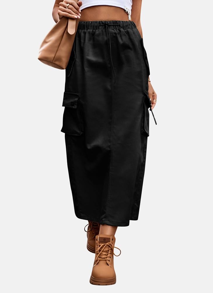 YUNIQEE Black Mid Rise Plain Midi Skirt - Image 4