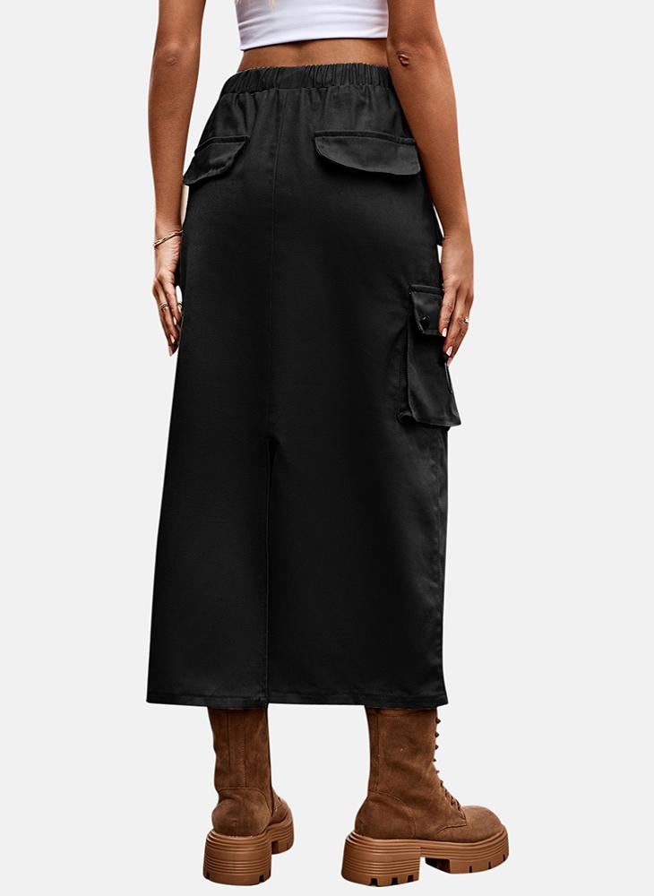 YUNIQEE Black Mid Rise Plain Midi Skirt - Image 5