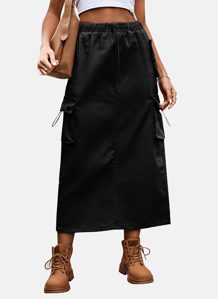 YUNIQEE Black Mid Rise Plain Midi Skirt - Image 2
