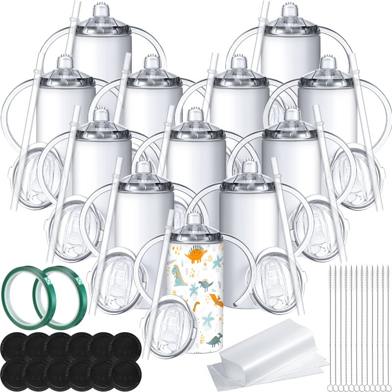Zubebe 12 Sets 12 oz Sublimation Blanks Sippy Cups for Toddlers Insulated Stainless Steel Kids Sublimation Tumbler Cups with Lids and Straws 2 Heat Tape 12 Polymer Sublimation Coating Coaster Brush