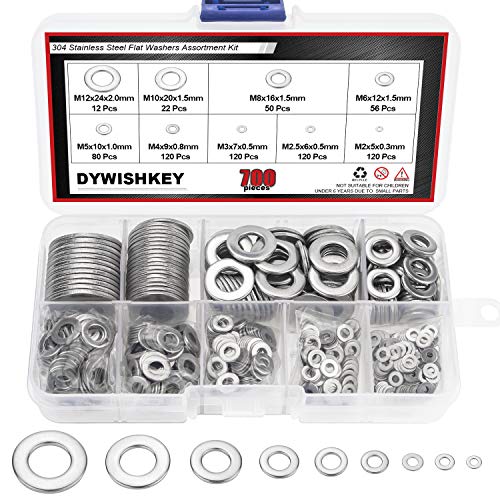 DYWISHKEY 700 Pieces 9 Sizes Stainless Steel Flat Washers Assortment Kit (M2 M2.5 M3 M4 M5 M6 M8 M10 M12) - Image 1