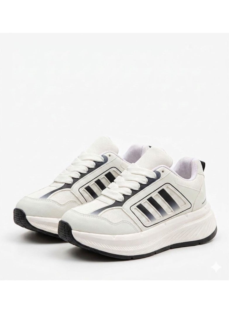 Modern Chunky Sole Sports Shoes with Classic Black & White Design & Gradient Side Stripes