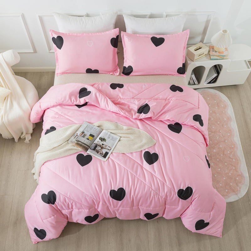 Caressma Girls Pink Comforter Set Twin Size - Blush Pink Cute Love Heart Print Comforter Bedding Set for All Seasons, Geometric Soft Microfiber Comforter Set with Pillowsham - Image 3