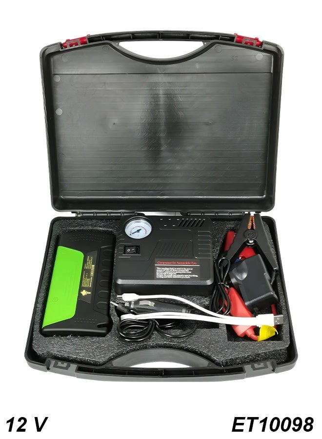 12V Car Jump Starter with Air Compressor Combo Kit Emergency Mobile Power Supply Battery Booster, Tyre Inflator, USB Power Bank, Safety Protection Petrol & Diesel Vehicles Portable Car Emergency Kit  - ET10098 - Image 1