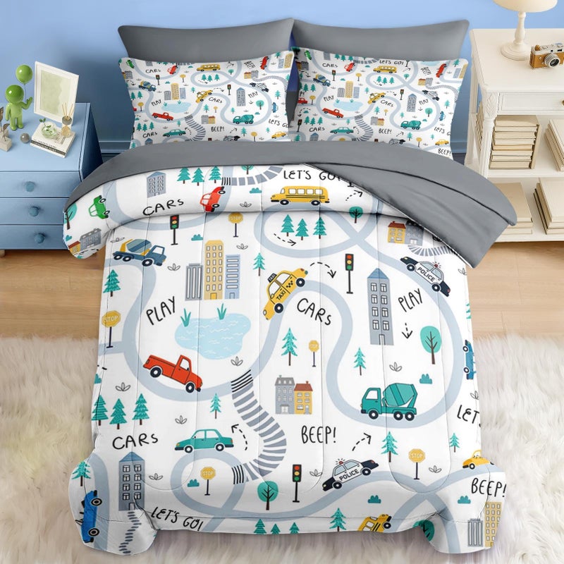 Pamnest Comforter Set Full Size, Cute Car City 7 Pcs Bedding for Kids and Adults, Cartoon Tree Truck Bed Sheet Sets with Fitted Sheet 2 Pillowcases & 2 Shams for Bedroom Bed Decor - Image 1