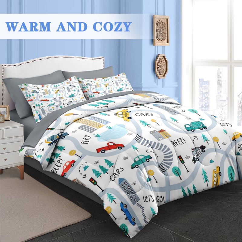 Pamnest Comforter Set Full Size, Cute Car City 7 Pcs Bedding for Kids and Adults, Cartoon Tree Truck Bed Sheet Sets with Fitted Sheet 2 Pillowcases & 2 Shams for Bedroom Bed Decor - Image 2