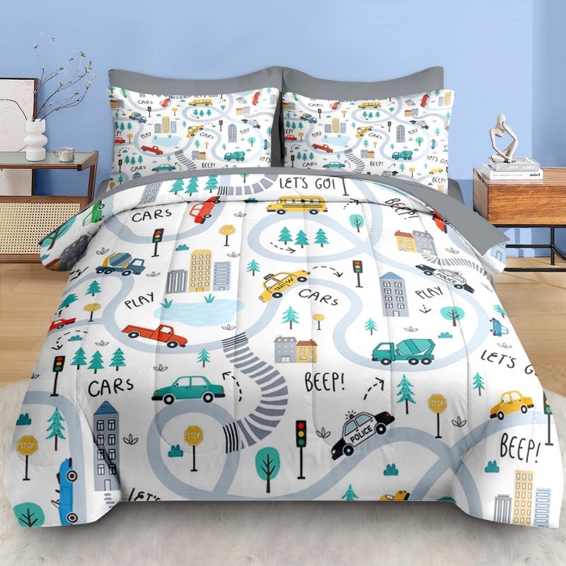 Pamnest Comforter Set Full Size, Cute Car City 7 Pcs Bedding for Kids and Adults, Cartoon Tree Truck Bed Sheet Sets with Fitted Sheet 2 Pillowcases & 2 Shams for Bedroom Bed Decor - Image 3
