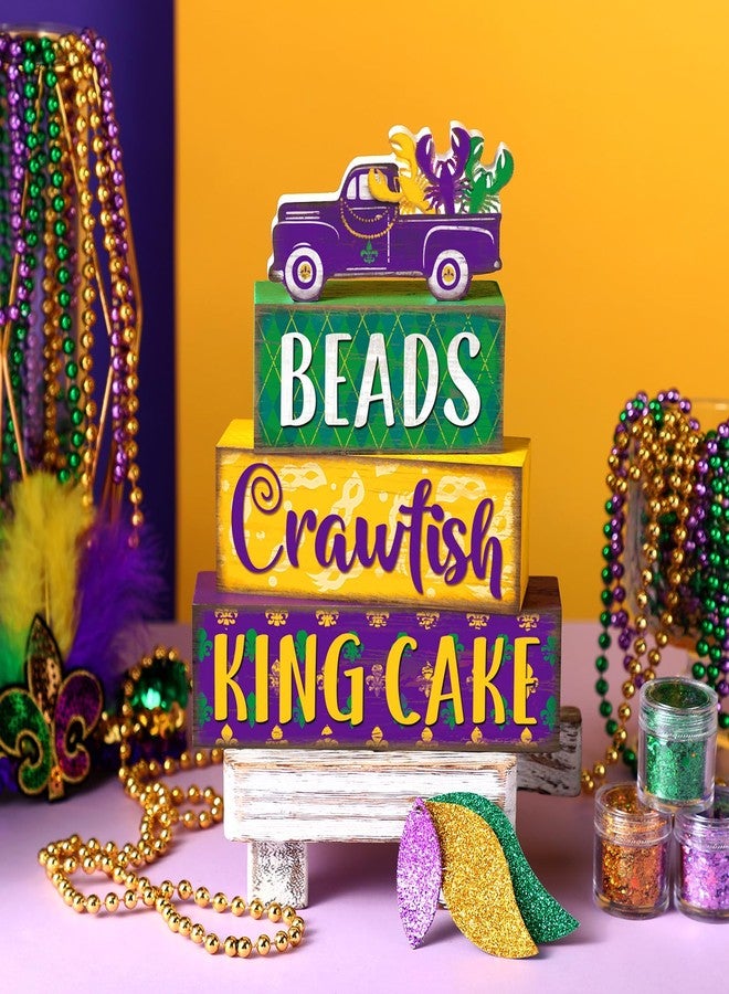 Marsui 4 Pcs Mardi Gras Decorations Wooden Mardi Gras Table Centerpieces Decorations Mardi Gras Tiered Tray Decor Farmhouse Rustic Carnival Block Sign Mardi Gras Decor for Home Party Kitchen Decor - Image 5
