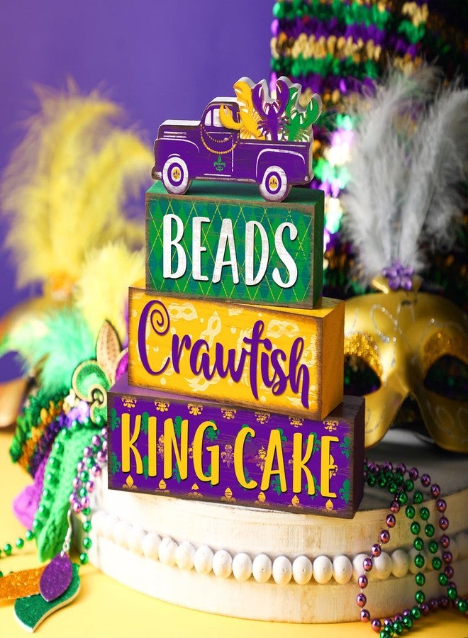 Marsui 4 Pcs Mardi Gras Decorations Wooden Mardi Gras Table Centerpieces Decorations Mardi Gras Tiered Tray Decor Farmhouse Rustic Carnival Block Sign Mardi Gras Decor for Home Party Kitchen Decor - Image 2
