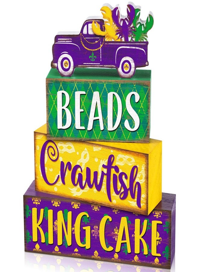 Marsui 4 Pcs Mardi Gras Decorations Wooden Mardi Gras Table Centerpieces Decorations Mardi Gras Tiered Tray Decor Farmhouse Rustic Carnival Block Sign Mardi Gras Decor for Home Party Kitchen Decor - Image 1