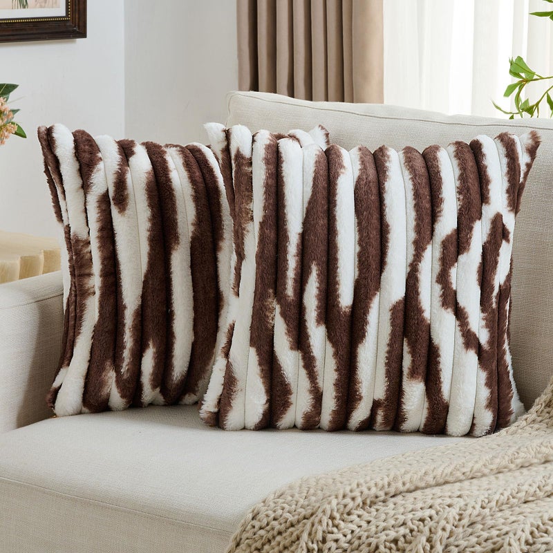 FUTEI Pack of 2 Faux Fur Plush Throw Pillow Covers 18x18 Inch Soft Tie Dye Striped Textured Farmhouse Decorative Cushion Covers Modern Home Decor for Couch Bed Living Room Coffee White - Image 2