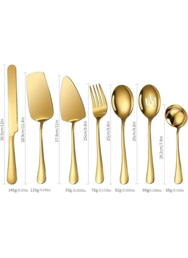 HOOKOR - 7 PCS Flatware Serving Set Stainless Steel Utensils Include Soup Spoon,Slotted Spoon,Dessert Server,Large Serving Fork, Cake Knife,Large Serving Slotted Spoon,Pizza Spatula (Gold) - Image 1