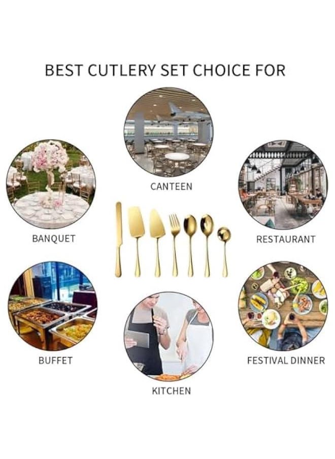 HOOKOR - 7 PCS Flatware Serving Set Stainless Steel Utensils Include Soup Spoon,Slotted Spoon,Dessert Server,Large Serving Fork, Cake Knife,Large Serving Slotted Spoon,Pizza Spatula (Gold) - Image 1