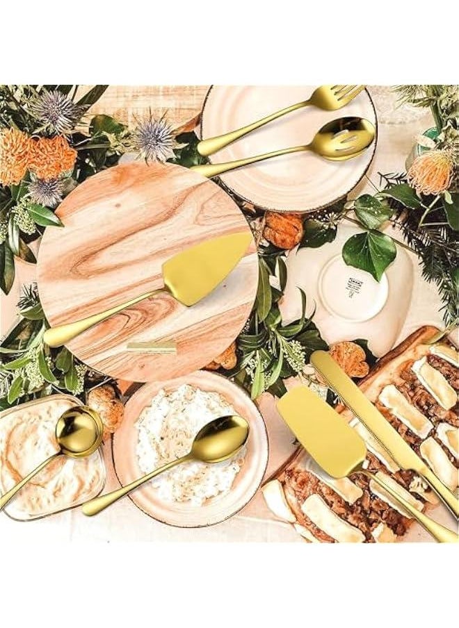HOOKOR - 7 PCS Flatware Serving Set Stainless Steel Utensils Include Soup Spoon,Slotted Spoon,Dessert Server,Large Serving Fork, Cake Knife,Large Serving Slotted Spoon,Pizza Spatula (Gold) - Image 1