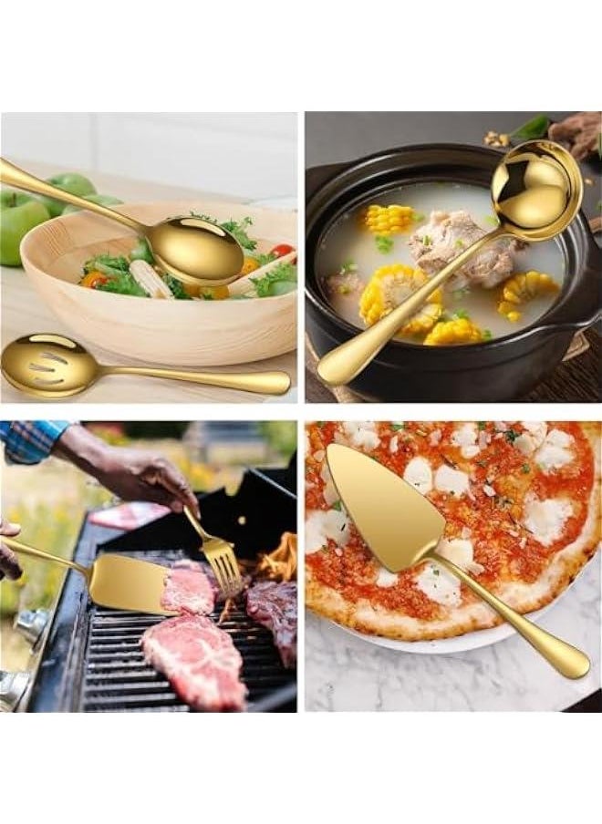 HOOKOR - 7 PCS Flatware Serving Set Stainless Steel Utensils Include Soup Spoon,Slotted Spoon,Dessert Server,Large Serving Fork, Cake Knife,Large Serving Slotted Spoon,Pizza Spatula (Gold) - Image 1