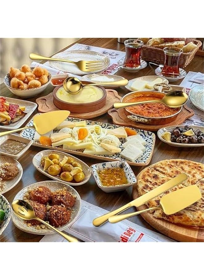 HOOKOR - 7 PCS Flatware Serving Set Stainless Steel Utensils Include Soup Spoon,Slotted Spoon,Dessert Server,Large Serving Fork, Cake Knife,Large Serving Slotted Spoon,Pizza Spatula (Gold) - Image 1