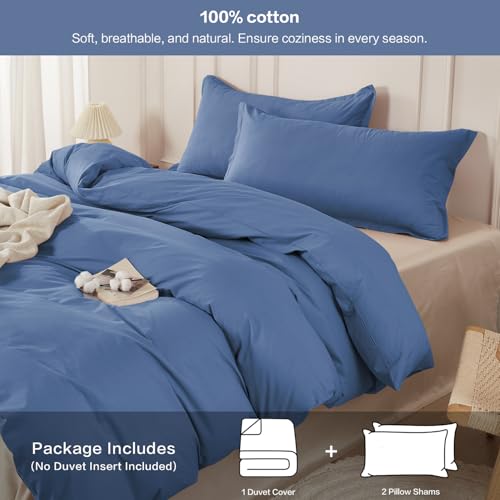 SAPHREAS 100% Washed Cotton Duvet Cover Queen Size Set, Linen Like Comforter Cover with Zipper Closure & Corner Ties (No Comforter), 90x90 Navy Blue - Image 2