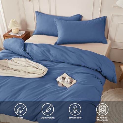SAPHREAS 100% Washed Cotton Duvet Cover Queen Size Set, Linen Like Comforter Cover with Zipper Closure & Corner Ties (No Comforter), 90x90 Navy Blue - Image 4