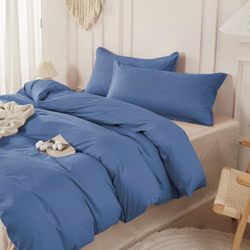 SAPHREAS 100% Washed Cotton Duvet Cover Queen Size Set, Linen Like Comforter Cover with Zipper Closure & Corner Ties (No Comforter), 90x90 Navy Blue - Image 1