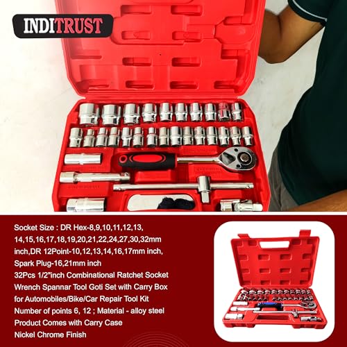 Inditrust 32Pcs 1/2" Drive Ratchet Socket Wrench Spanner Tool Kit | Heavy Duty Combination Socket Set with Carry Box for Car, Bike & Automobile Repair | Professional 32pc Tool Set (Red Box) - Image 4