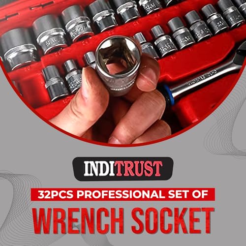 Inditrust 32Pcs 1/2" Drive Ratchet Socket Wrench Spanner Tool Kit | Heavy Duty Combination Socket Set with Carry Box for Car, Bike & Automobile Repair | Professional 32pc Tool Set (Red Box) - Image 2