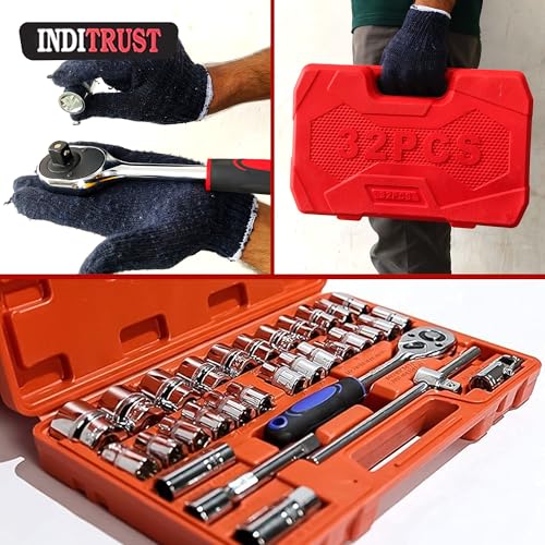 Inditrust 32Pcs 1/2" Drive Ratchet Socket Wrench Spanner Tool Kit | Heavy Duty Combination Socket Set with Carry Box for Car, Bike & Automobile Repair | Professional 32pc Tool Set (Red Box) - Image 5