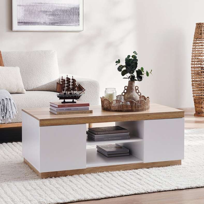 Pan Home طاولة قهوة إيترو - باللون الأبيض وتشطيب الخشب