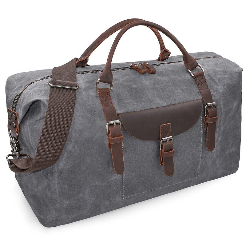 Oversized Travel Duffel Bag Waterproof Canvas Genuine Leather Weekend bag Weekender Overnight Carryon Hand Bag Grey