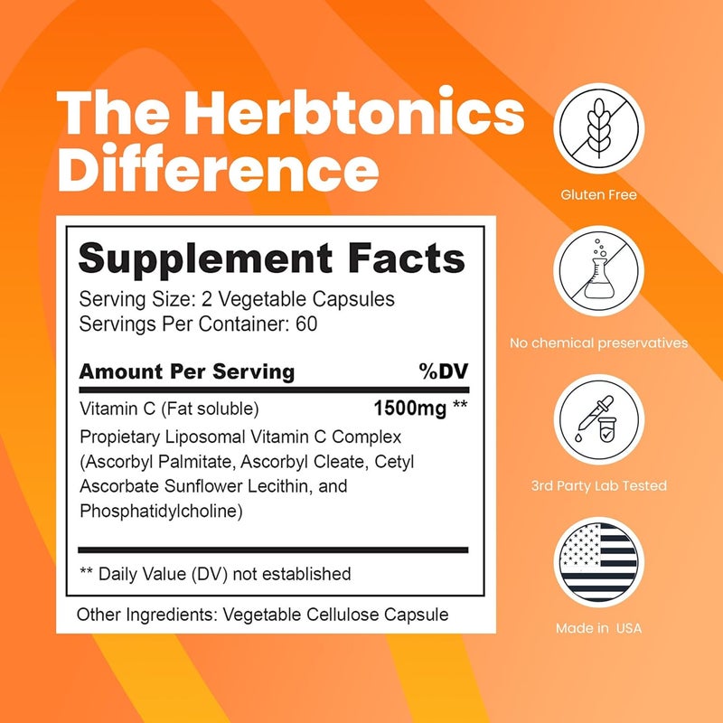 Herbtonics كبسولات فيتامين سي ليبوسومال 1500 ملغ مكمل دعم المناعة صحة الجهاز المناعي امتصاص عالي لفيتامين سي تحتوي على كولاجين 120 كبسولة نباتية غير معدلة وراثيًا - Image 2