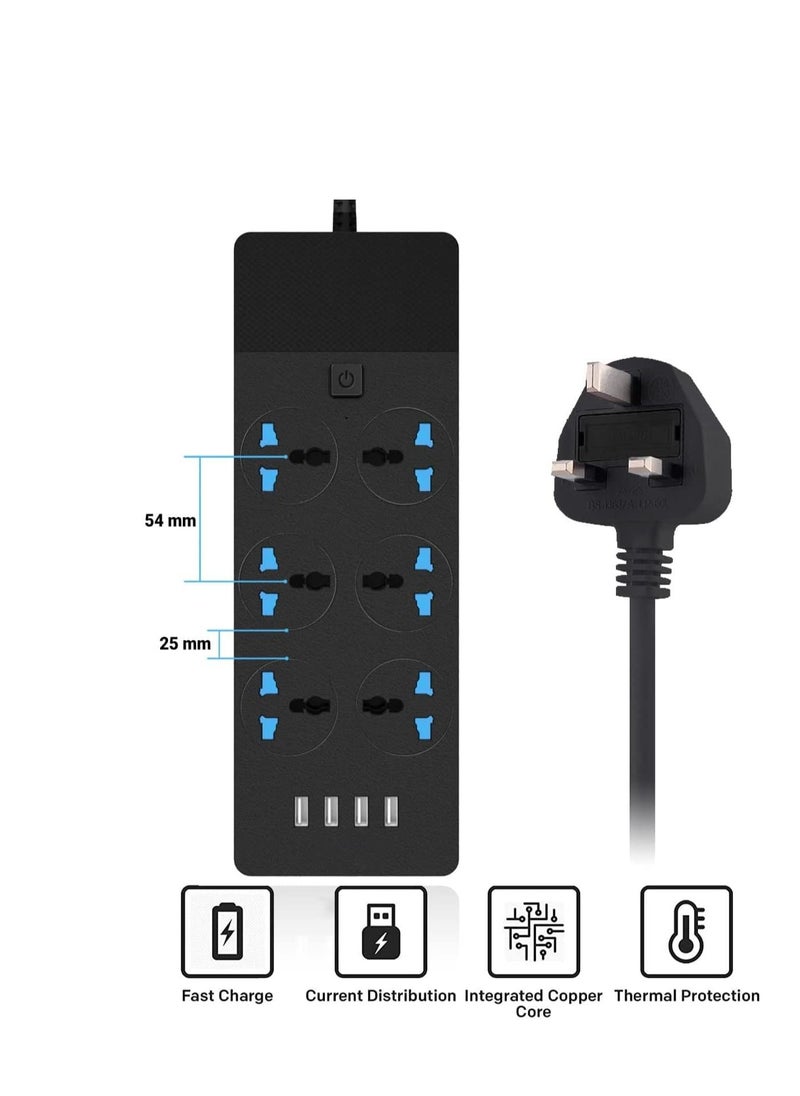 GreenTree Universal Extension Cord with USB, Power Strip with 6 Outlets and 4 Fast Charging USB Ports, Heavy Duty Extension Lead,Charging Socket With 2M Bold Extension Cord--Black  - Image 1