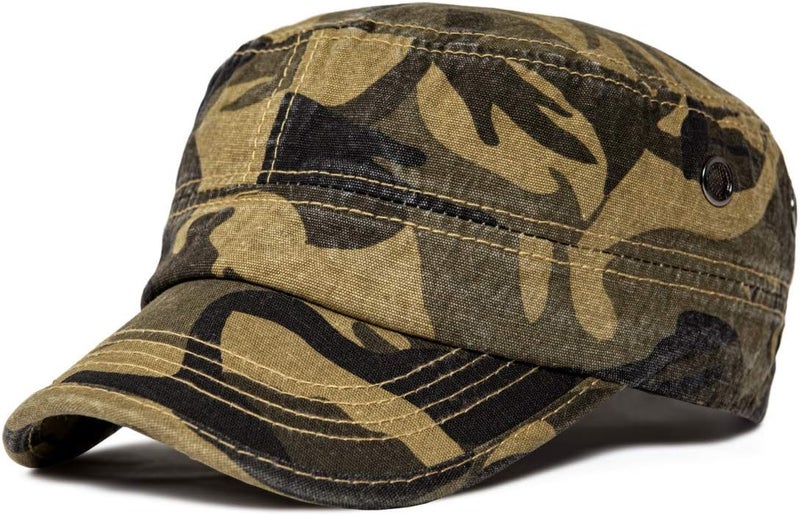 VOBOOM Washed Cotton Military Cadet Army Caps Unique Design Vintage Flat Top Hat - Image 1