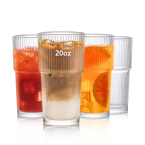 INSETLAN 20oz Ribbed Glass Tumbler Set of 4 – Large Capacity Drinking Glasses for Iced Coffee, Water, Juice, and Cocktails – Elegant Modern Glassware for Everyday Use and Special Occasions - Image 1