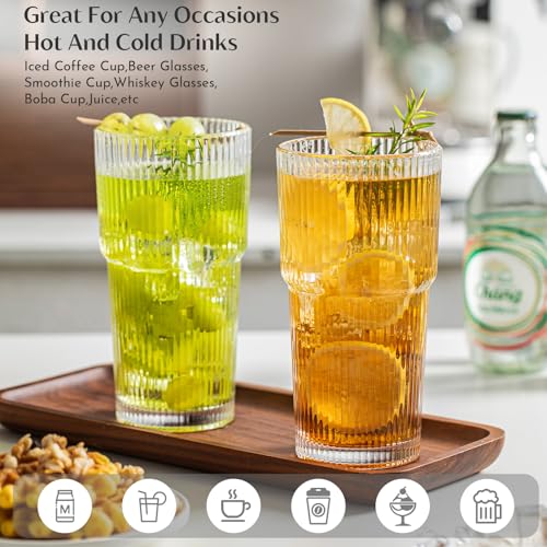 INSETLAN 20oz Ribbed Glass Tumbler Set of 4 – Large Capacity Drinking Glasses for Iced Coffee, Water, Juice, and Cocktails – Elegant Modern Glassware for Everyday Use and Special Occasions - Image 3