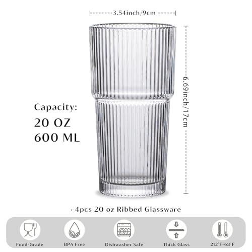 INSETLAN 20oz Ribbed Glass Tumbler Set of 4 – Large Capacity Drinking Glasses for Iced Coffee, Water, Juice, and Cocktails – Elegant Modern Glassware for Everyday Use and Special Occasions - Image 2