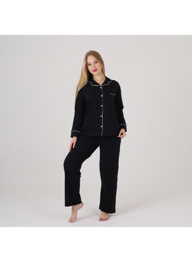ZECOTEX Women's Classic Cotton Pajama Set - 2-Piece (Button-Down Shirt & Pants) - Elegant Piping Design - Sizes S to 3XL - Black - Image 1