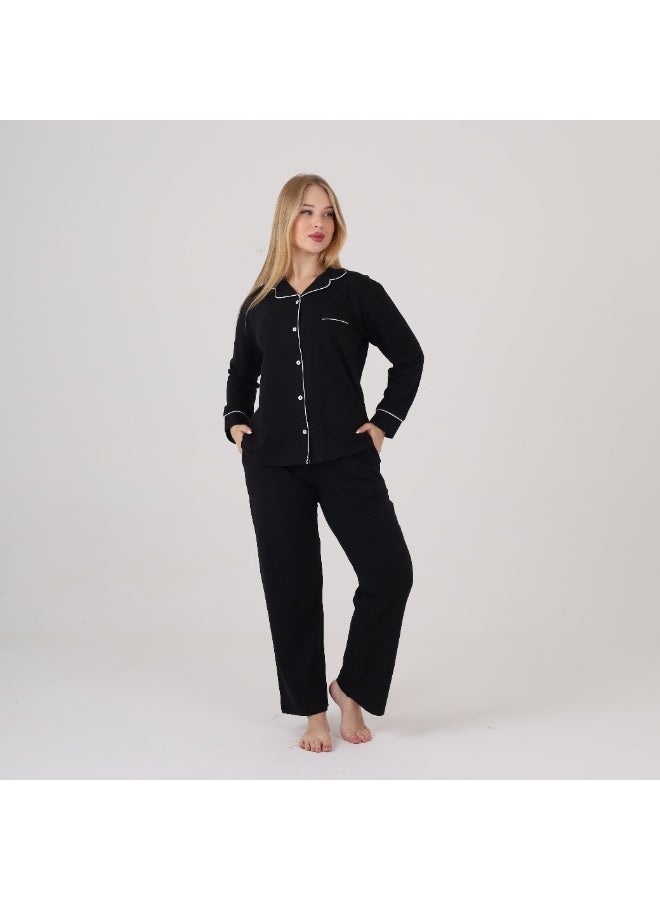 ZECOTEX Women's Classic Cotton Pajama Set - 2-Piece (Button-Down Shirt & Pants) - Elegant Piping Design - Sizes S to 3XL - Black - Image 4