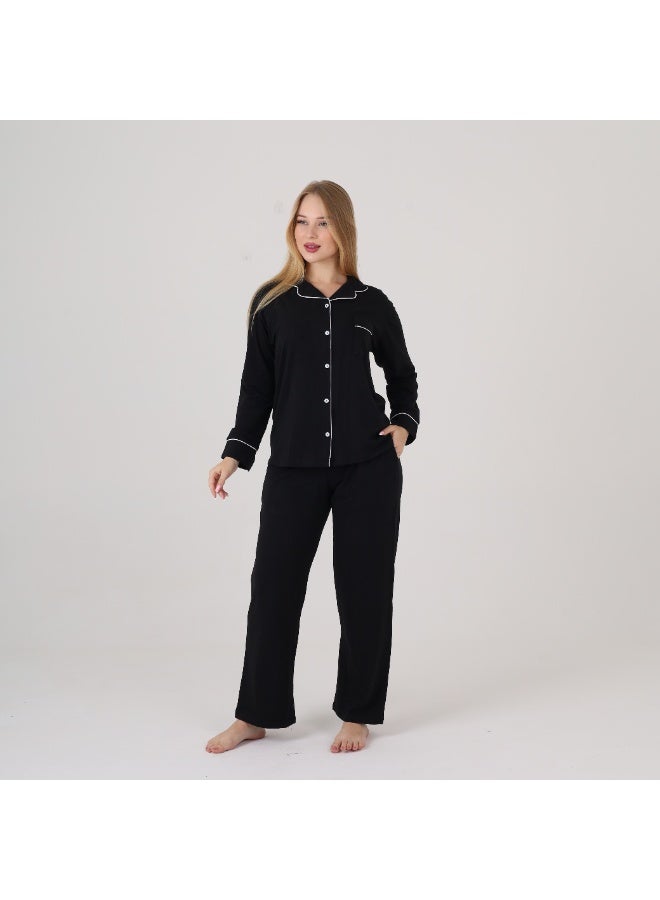ZECOTEX Women's Classic Cotton Pajama Set - 2-Piece (Button-Down Shirt & Pants) - Elegant Piping Design - Sizes S to 3XL - Black - Image 3